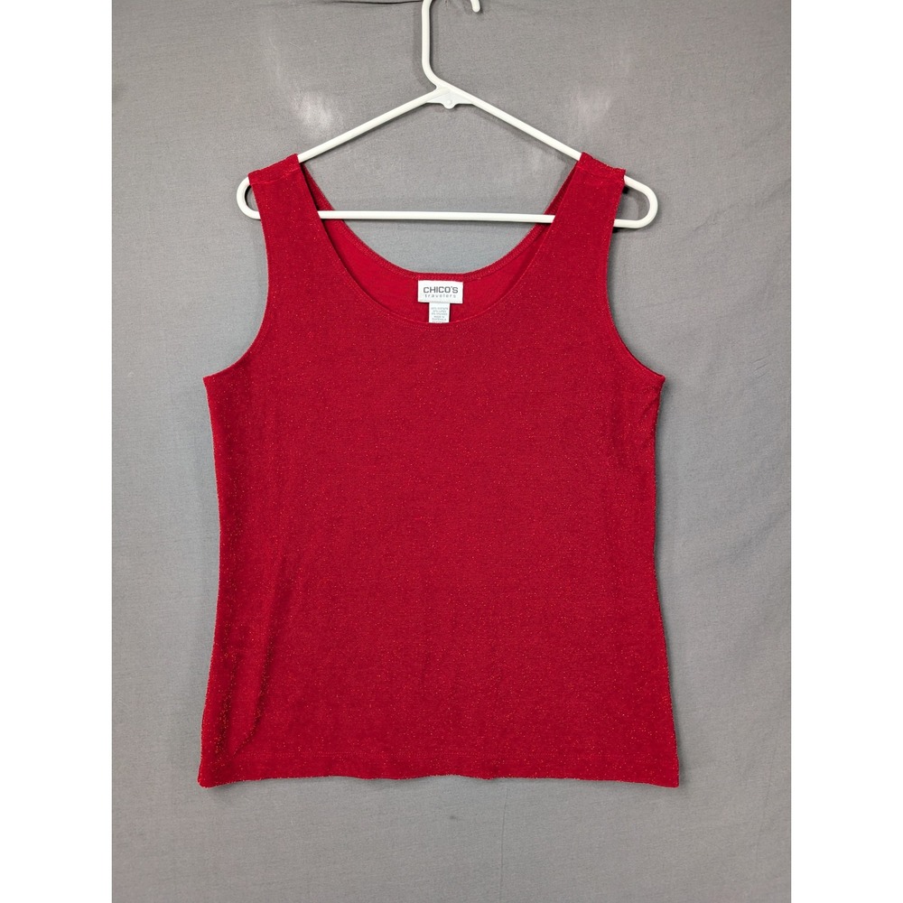 Chico's Travelers Red Metallic Lurex Knit Tank Top Size‎ 2 Scoop Neck